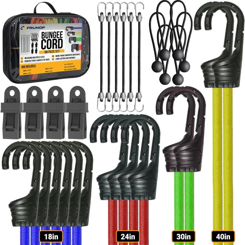 FRUNOP Heavy-Duty Bungee Cords 26/30 Pieces Set with Carabiner Hooks & Uv-Resistant Straps for Outdoor Activities & Home Use