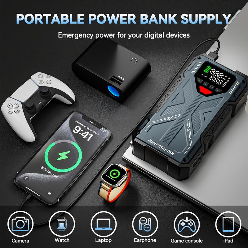 16800Mah [ 5 in 1 Function ] Geeneu Portable Car Jump Starter with Air Compressor 6000A (10.0L Gas, 9.0L Diesel) with 150 PSI Tire Inflator, 12V Car Battery Jump Power with LED Light F6 Portable Jumpstarter Batterycharger Outdoorfun Emergency Lighting