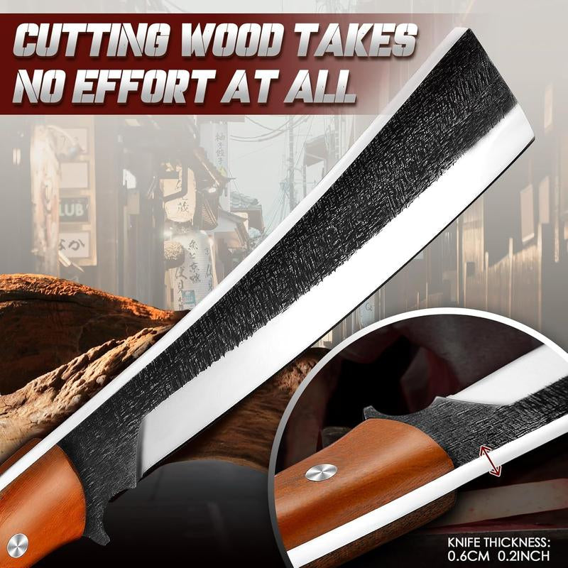 Freelander Big Fruit Knife Japanese Style High Carbon Steel with Red Sandalwood Ergonomic Full Tang Handle and Wood-Leather Sheath — Heavy-Duty Tool for Camping, Gardening,Outdoor,Hiking, and Yard Work Gift Idea for Man,Holiday,Chrismas