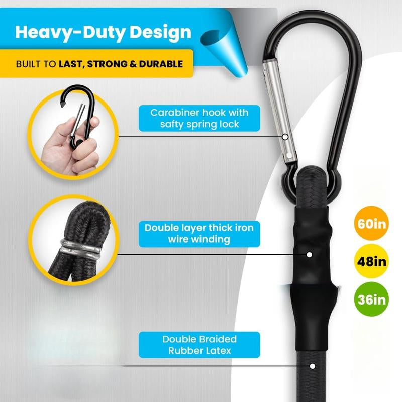 FRUNOP Heavy-Duty Bungee Cords 26/30 Pieces Set with Carabiner Hooks & Uv-Resistant Straps for Outdoor Activities & Home Use