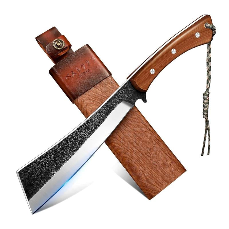 Freelander Big Fruit Knife Japanese Style High Carbon Steel with Red Sandalwood Ergonomic Full Tang Handle and Wood-Leather Sheath — Heavy-Duty Tool for Camping, Gardening,Outdoor,Hiking, and Yard Work Gift Idea for Man,Holiday,Chrismas