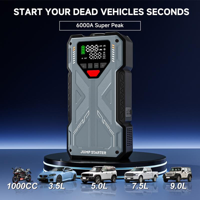 16800Mah [ 5 in 1 Function ] Geeneu Portable Car Jump Starter with Air Compressor 6000A (10.0L Gas, 9.0L Diesel) with 150 PSI Tire Inflator, 12V Car Battery Jump Power with LED Light F6 Portable Jumpstarter Batterycharger Outdoorfun Emergency Lighting
