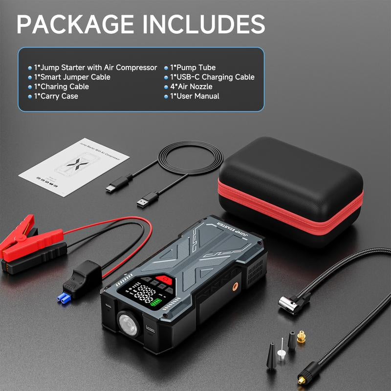 16800Mah [ 5 in 1 Function ] Geeneu Portable Car Jump Starter with Air Compressor 6000A (10.0L Gas, 9.0L Diesel) with 150 PSI Tire Inflator, 12V Car Battery Jump Power with LED Light F6 Portable Jumpstarter Batterycharger Outdoorfun Emergency Lighting