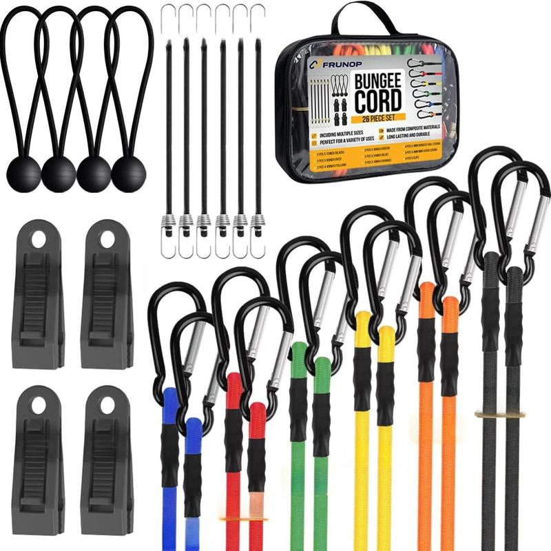 FRUNOP Heavy-Duty Bungee Cords 26/30 Pieces Set with Carabiner Hooks & Uv-Resistant Straps for Outdoor Activities & Home Use