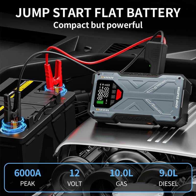 16800Mah [ 5 in 1 Function ] Geeneu Portable Car Jump Starter with Air Compressor 6000A (10.0L Gas, 9.0L Diesel) with 150 PSI Tire Inflator, 12V Car Battery Jump Power with LED Light F6 Portable Jumpstarter Batterycharger Outdoorfun Emergency Lighting