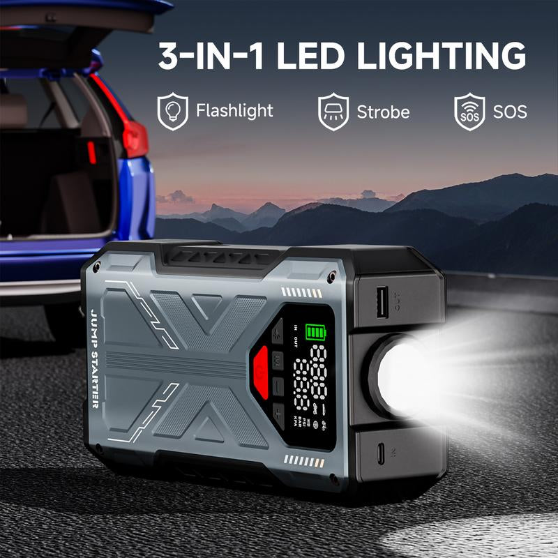 16800Mah [ 5 in 1 Function ] Geeneu Portable Car Jump Starter with Air Compressor 6000A (10.0L Gas, 9.0L Diesel) with 150 PSI Tire Inflator, 12V Car Battery Jump Power with LED Light F6 Portable Jumpstarter Batterycharger Outdoorfun Emergency Lighting