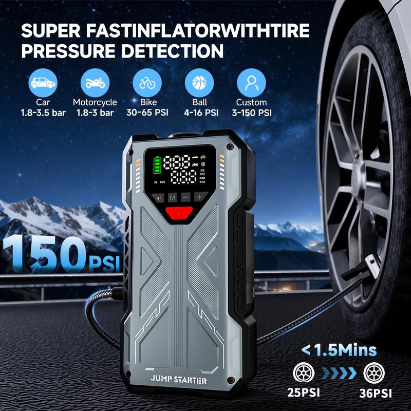 16800Mah [ 5 in 1 Function ] Geeneu Portable Car Jump Starter with Air Compressor 6000A (10.0L Gas, 9.0L Diesel) with 150 PSI Tire Inflator, 12V Car Battery Jump Power with LED Light F6 Portable Jumpstarter Batterycharger Outdoorfun Emergency Lighting