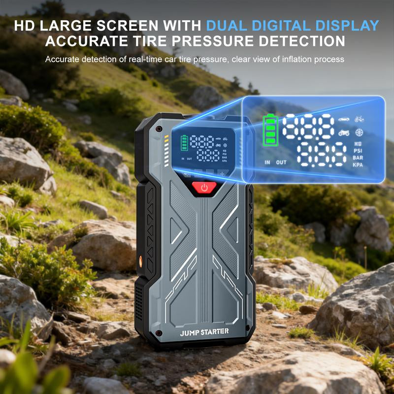 16800Mah [ 5 in 1 Function ] Geeneu Portable Car Jump Starter with Air Compressor 6000A (10.0L Gas, 9.0L Diesel) with 150 PSI Tire Inflator, 12V Car Battery Jump Power with LED Light F6 Portable Jumpstarter Batterycharger Outdoorfun Emergency Lighting