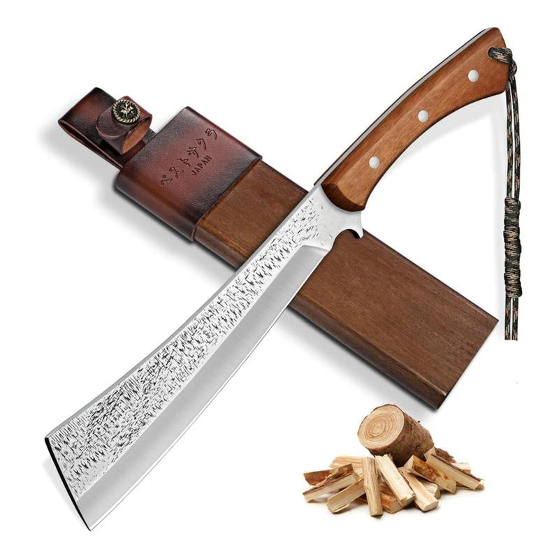 Freelander Big Fruit Knife Japanese Style High Carbon Steel with Red Sandalwood Ergonomic Full Tang Handle and Wood-Leather Sheath — Heavy-Duty Tool for Camping, Gardening,Outdoor,Hiking, and Yard Work Gift Idea for Man,Holiday,Chrismas